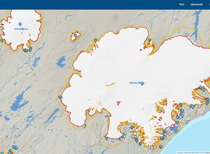 Upphafsskjár jöklavefsjár með þekjuvali, útlínum jökla undir lok 19. aldar og árið 2019 og punktum sem bjóða upp á upplýsingar um jökla og sporðamælingar þegar smellt er á þá.