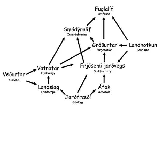 Einfalt líkan af tengslum milli eðlisþátta, landnotkunar og þeirra þátta lífbreytileika sem rannsóknir við setrið snúast einkum um (Náttúrufræðingurinn 79:2010). 